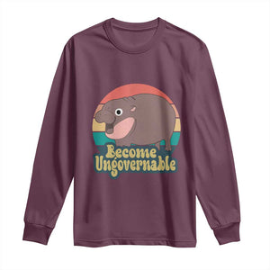 Funny Baby Hippo Moo Deng Long Sleeve Shirt Become Ungovernable Retro TS02 Maroon Print Your Wear