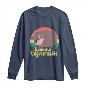 Funny Baby Hippo Moo Deng Long Sleeve Shirt Become Ungovernable Retro TS02 Navy Print Your Wear