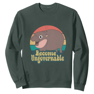 Funny Baby Hippo Moo Deng Sweatshirt Become Ungovernable Retro TS02 Dark Forest Green Print Your Wear