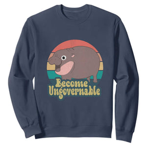 Funny Baby Hippo Moo Deng Sweatshirt Become Ungovernable Retro TS02 Navy Print Your Wear