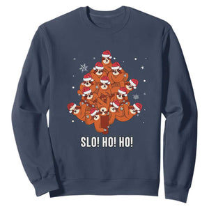 Funny Sloth Christmas Tree Sweatshirt Slo Ho Ho Ho Santa Hat TS02 Navy Print Your Wear