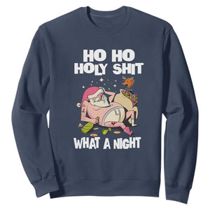 Funny Drunk Santa Sweatshirt Ho Ho Holy Shit What A Night TS02 Navy Print Your Wear