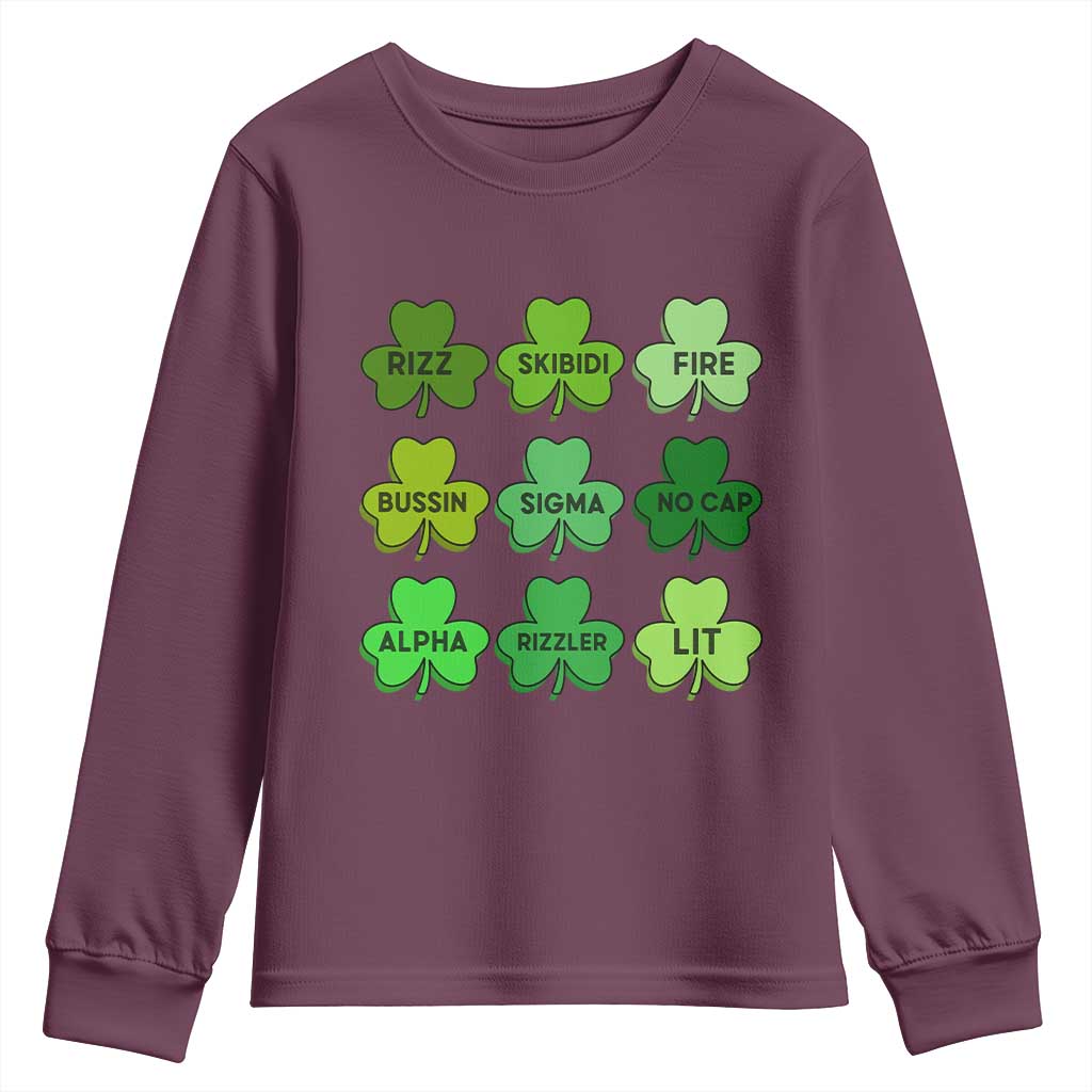 Funny St Patricks Day Skibi Rizz Youth Sweatshirt No Cap TS02 Maroon Print Your Wear
