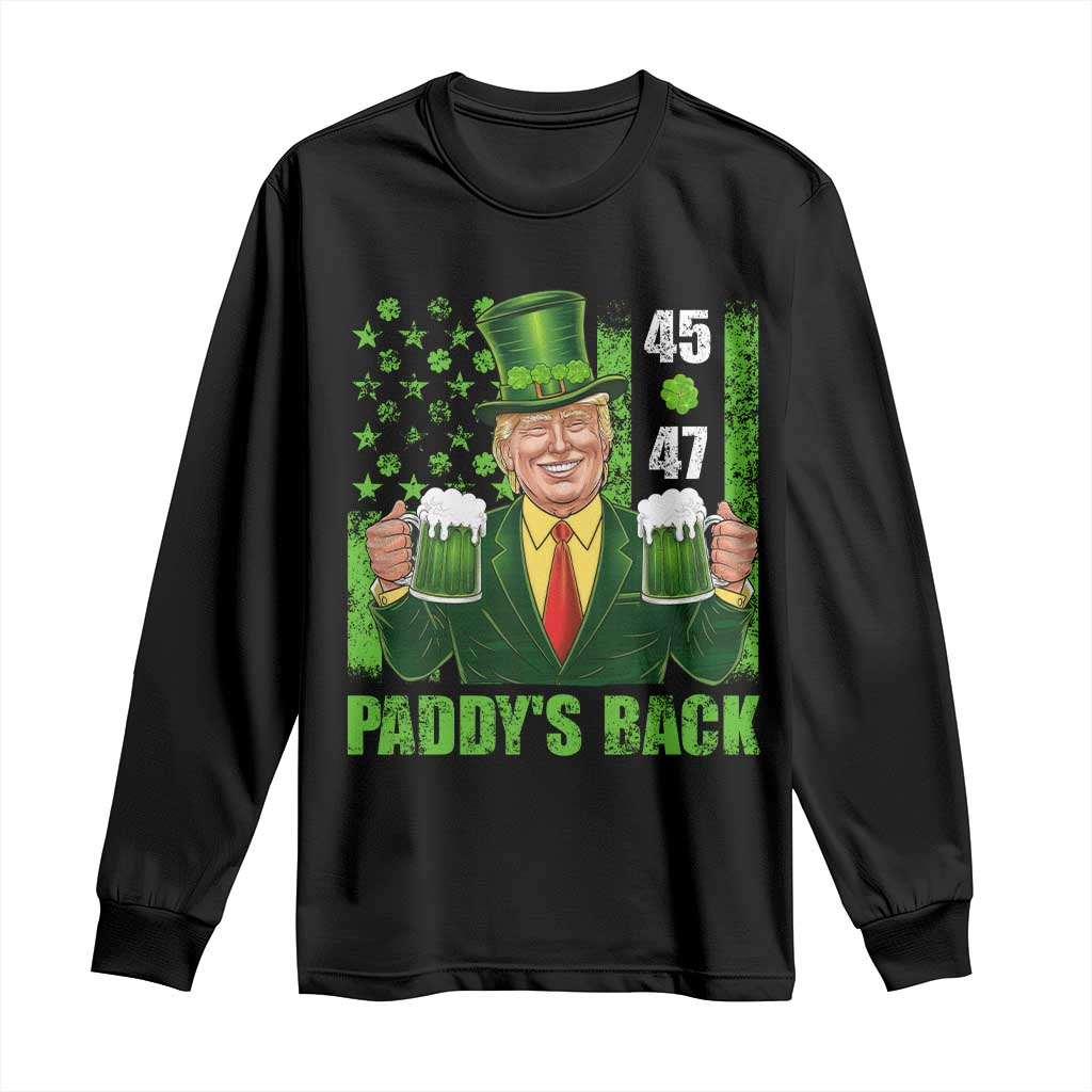 Funny St Patrick's Day Trump Long Sleeve Shirt Paddy's Back 45 47 President USA Flag TS02 Black Print Your Wear