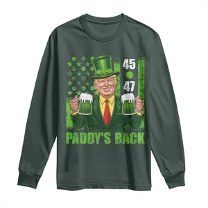 Funny St Patrick's Day Trump Long Sleeve Shirt Paddy's Back 45 47 President USA Flag TS02 Dark Forest Green Print Your Wear