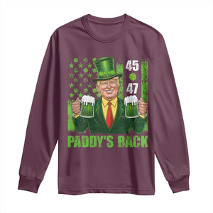 Funny St Patrick's Day Trump Long Sleeve Shirt Paddy's Back 45 47 President USA Flag TS02 Maroon Print Your Wear