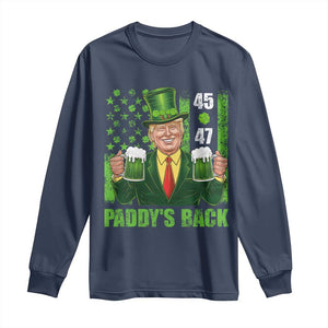 Funny St Patrick's Day Trump Long Sleeve Shirt Paddy's Back 45 47 President USA Flag TS02 Navy Print Your Wear