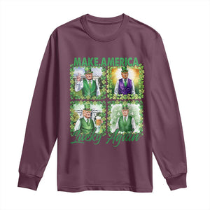 Funny St Patrick's Day Trump Long Sleeve Shirt Make America Lucky Again Shamrock Retro TS02 Maroon Print Your Wear