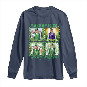 Funny St Patrick's Day Trump Long Sleeve Shirt Make America Lucky Again Shamrock Retro TS02 Navy Print Your Wear