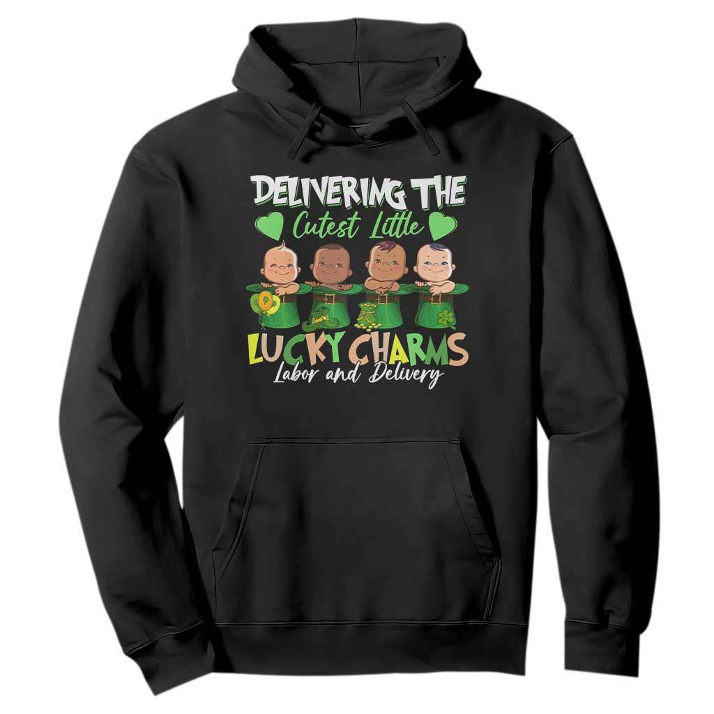 Labor and Delivery Nurse St Patrick's Day Hoodie Delivering The Cutest Little Lucky Charms TS02 Black Print Your Wear