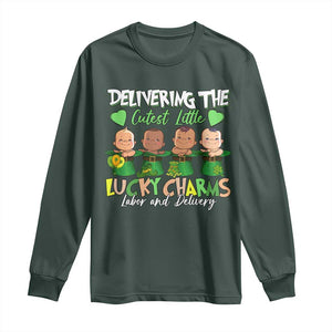 Labor and Delivery Nurse St Patrick's Day Long Sleeve Shirt Delivering The Cutest Little Lucky Charms TS02 Dark Forest Green Print Your Wear