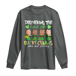 Labor and Delivery Nurse St Patrick's Day Long Sleeve Shirt Delivering The Cutest Little Lucky Charms TS02 Dark Heather Print Your Wear