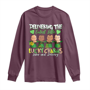 Labor and Delivery Nurse St Patrick's Day Long Sleeve Shirt Delivering The Cutest Little Lucky Charms TS02 Maroon Print Your Wear