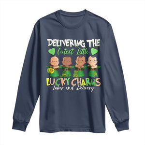 Labor and Delivery Nurse St Patrick's Day Long Sleeve Shirt Delivering The Cutest Little Lucky Charms TS02 Navy Print Your Wear