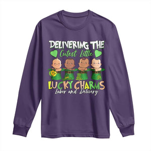 Labor and Delivery Nurse St Patrick's Day Long Sleeve Shirt Delivering The Cutest Little Lucky Charms TS02 Purple Print Your Wear