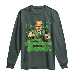 Funny St Patrick's Day Trump Long Sleeve Shirt Let The Shenanigans Begin TS02 Dark Forest Green Print Your Wear