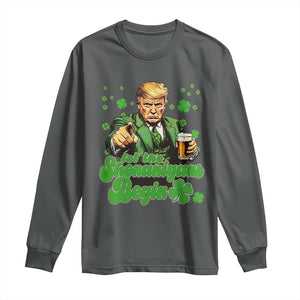 Funny St Patrick's Day Trump Long Sleeve Shirt Let The Shenanigans Begin TS02 Dark Heather Print Your Wear