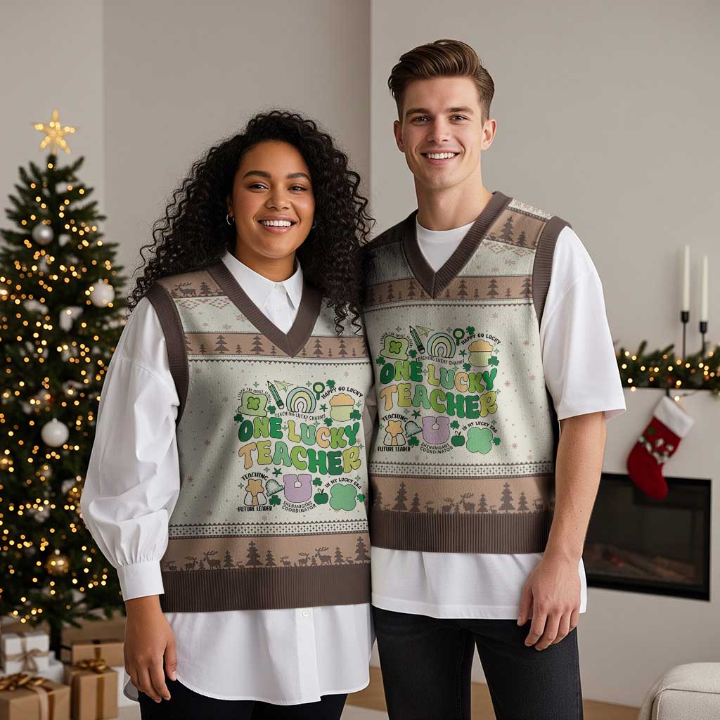 Teachers St Patrick's Day V-Neck Knit Sweater Vest One Lucky Teacher Retro Groovy TS02 Mocha Mousse Print Your Wear