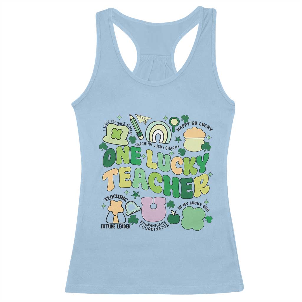 Teachers St Patrick's Day Racerback Tank Top One Lucky Teacher Retro Groovy TS02 Light Blue Print Your Wear