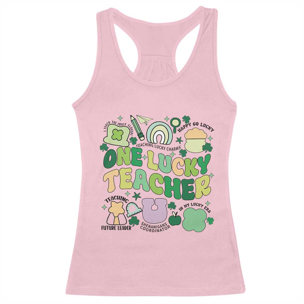 Teachers St Patrick's Day Racerback Tank Top One Lucky Teacher Retro Groovy TS02 Light Pink Print Your Wear