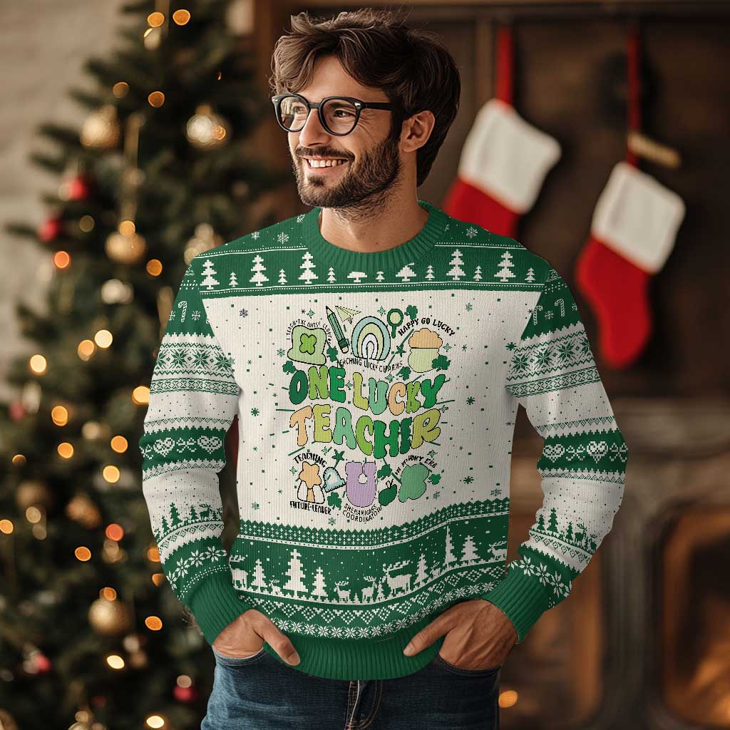 Teachers St Patrick's Day Knit Sweatshirt One Lucky Teacher Retro Groovy TS02 Green Print Your Wear