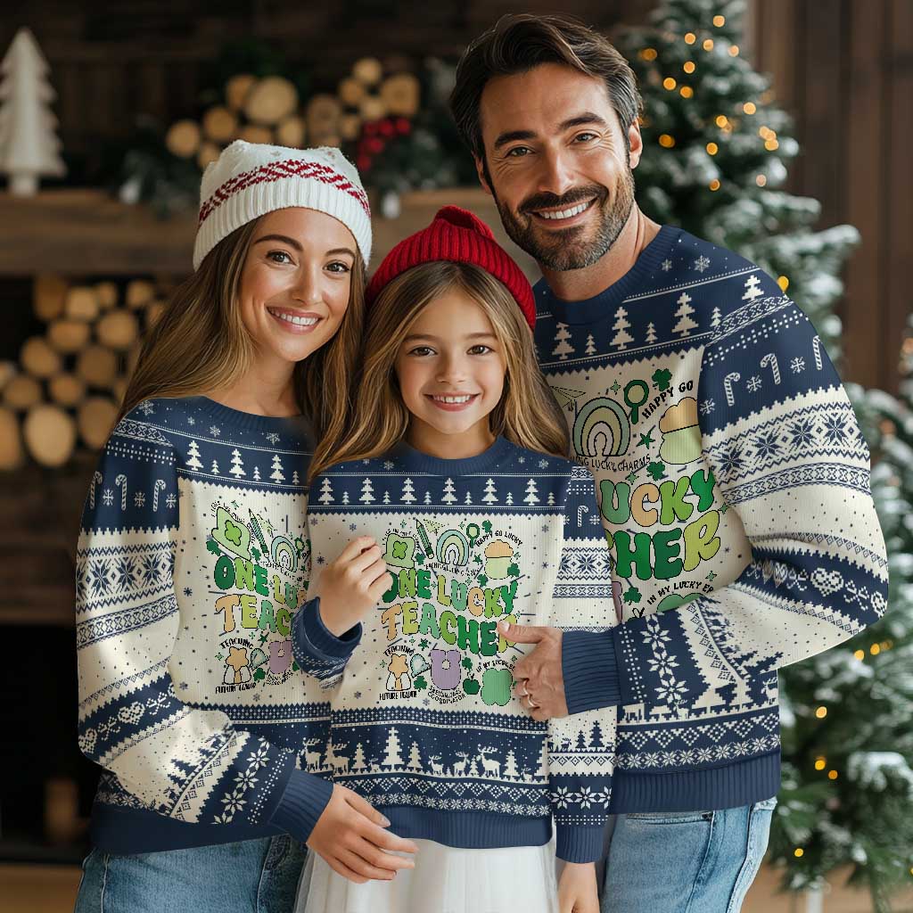 Teachers St Patrick's Day Knit Sweatshirt One Lucky Teacher Retro Groovy TS02 Navy Print Your Wear
