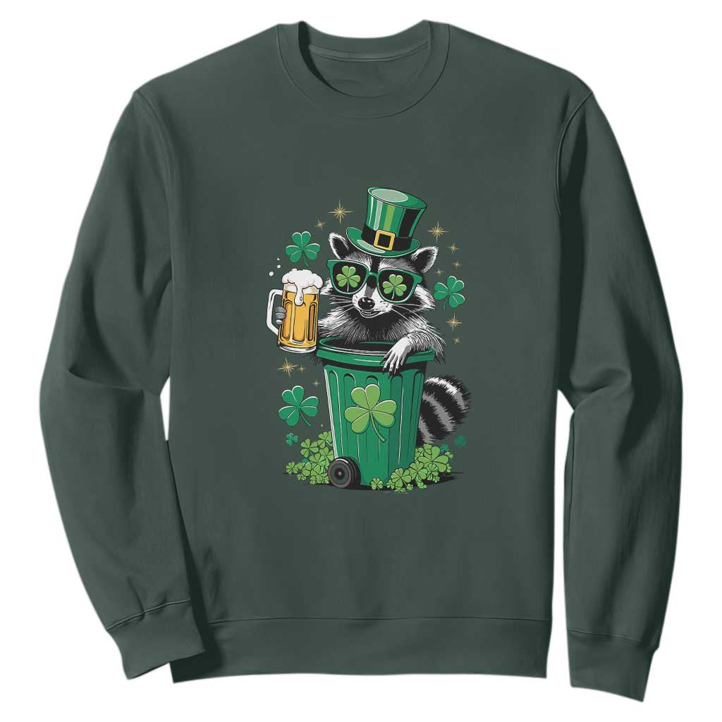 Funny St.Patrick's Day Raccoon Sweatshirt Patrick Drinking Irish TS02 Dark Forest Green Print Your Wear