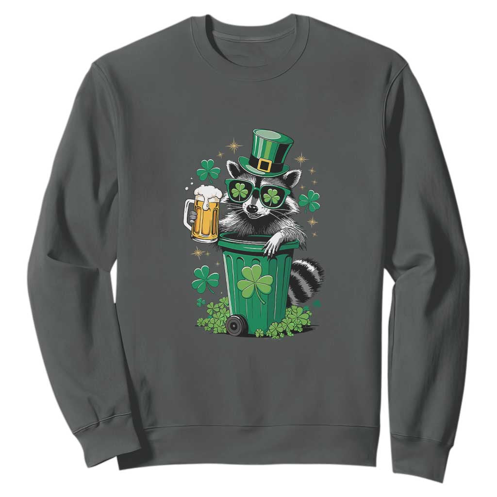 Funny St.Patrick's Day Raccoon Sweatshirt Patrick Drinking Irish TS02 Dark Heather Print Your Wear