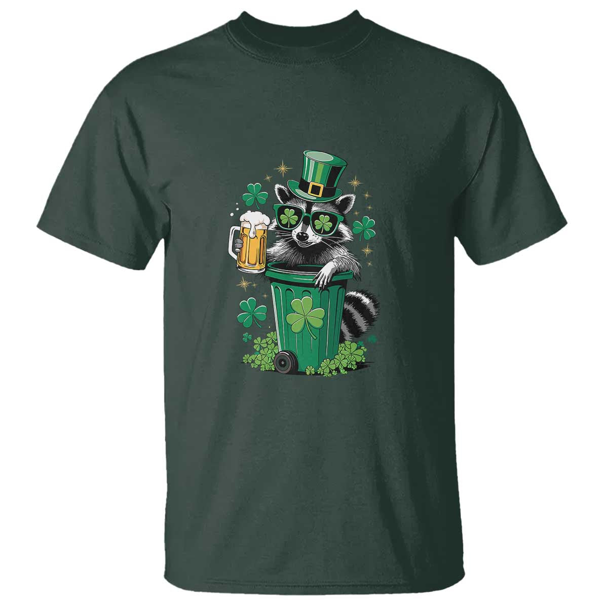 Funny St.Patrick's Day Raccoon T Shirt Patrick Drinking Irish TS02 Dark Forest Green Print Your Wear