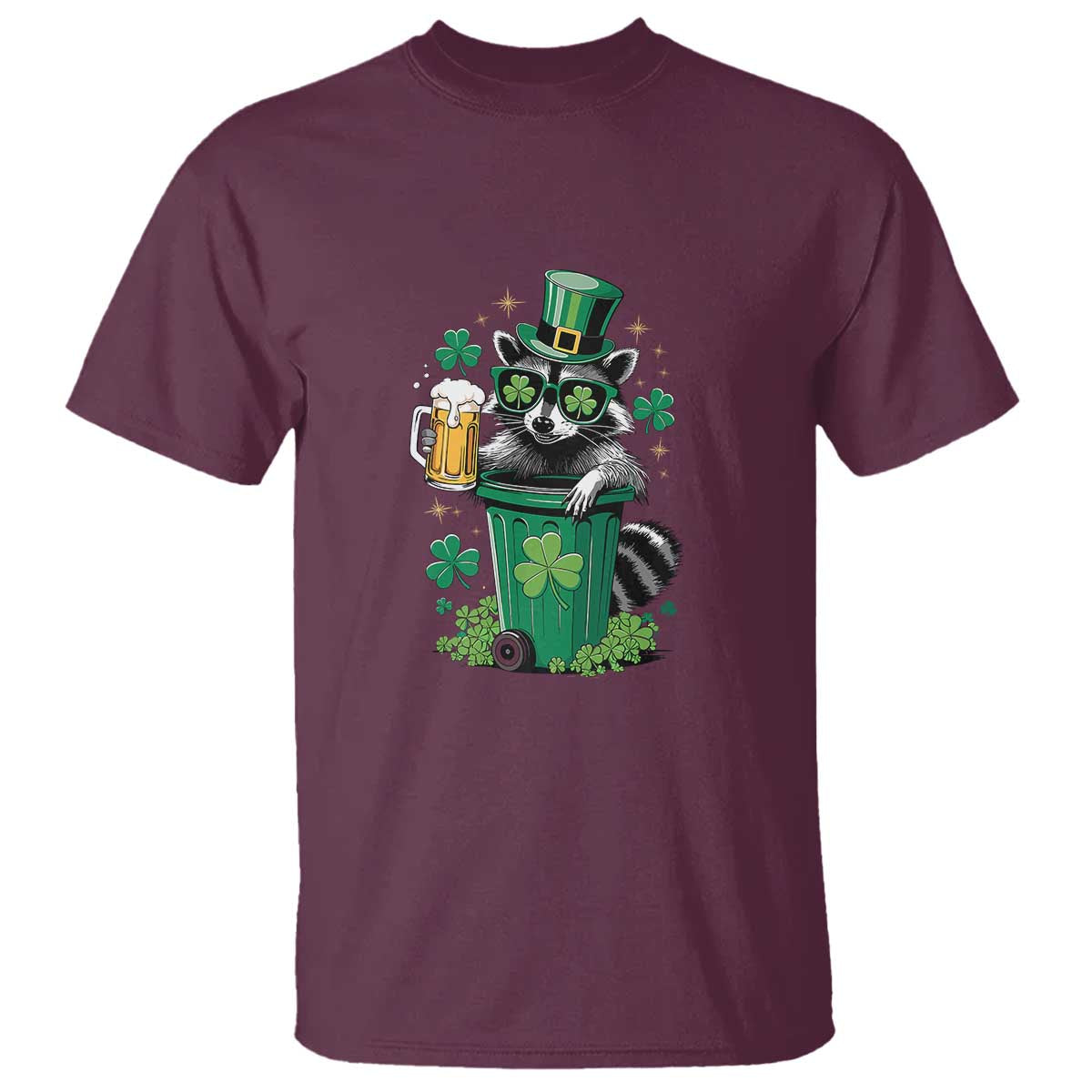 Funny St.Patrick's Day Raccoon T Shirt Patrick Drinking Irish TS02 Maroon Print Your Wear