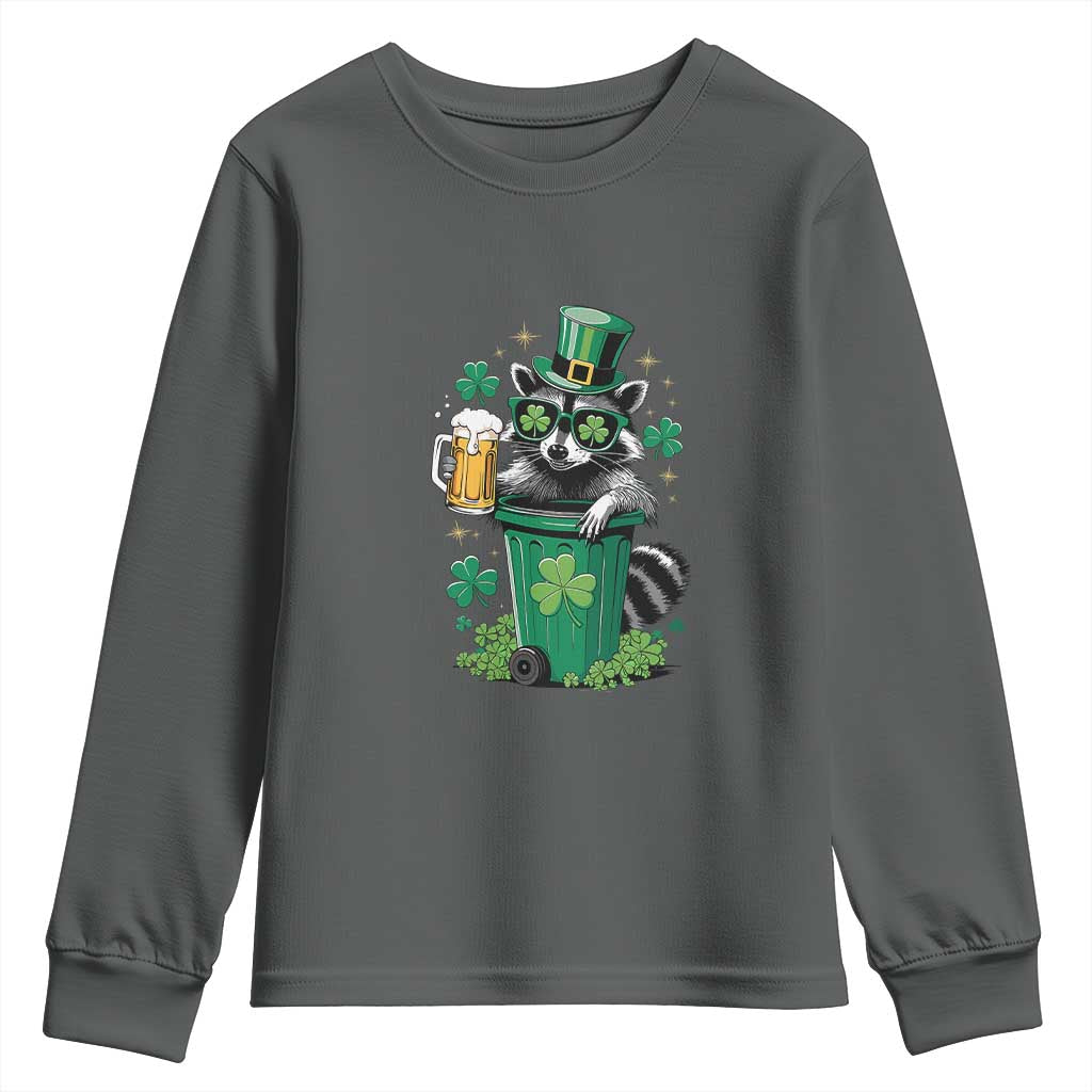 Funny St.Patrick's Day Raccoon Youth Sweatshirt Patrick Drinking Irish TS02 Dark Heather Print Your Wear