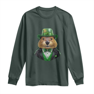 Funny Groundhog Leprechaun Long Sleeve Shirt Woodchuck Happy St Patrick's Day TS02 Dark Forest Green Print Your Wear