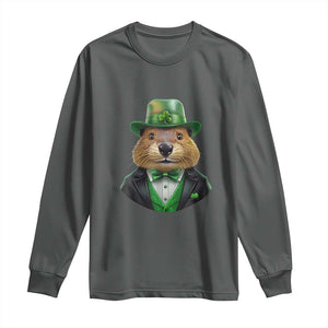 Funny Groundhog Leprechaun Long Sleeve Shirt Woodchuck Happy St Patrick's Day TS02 Dark Heather Print Your Wear