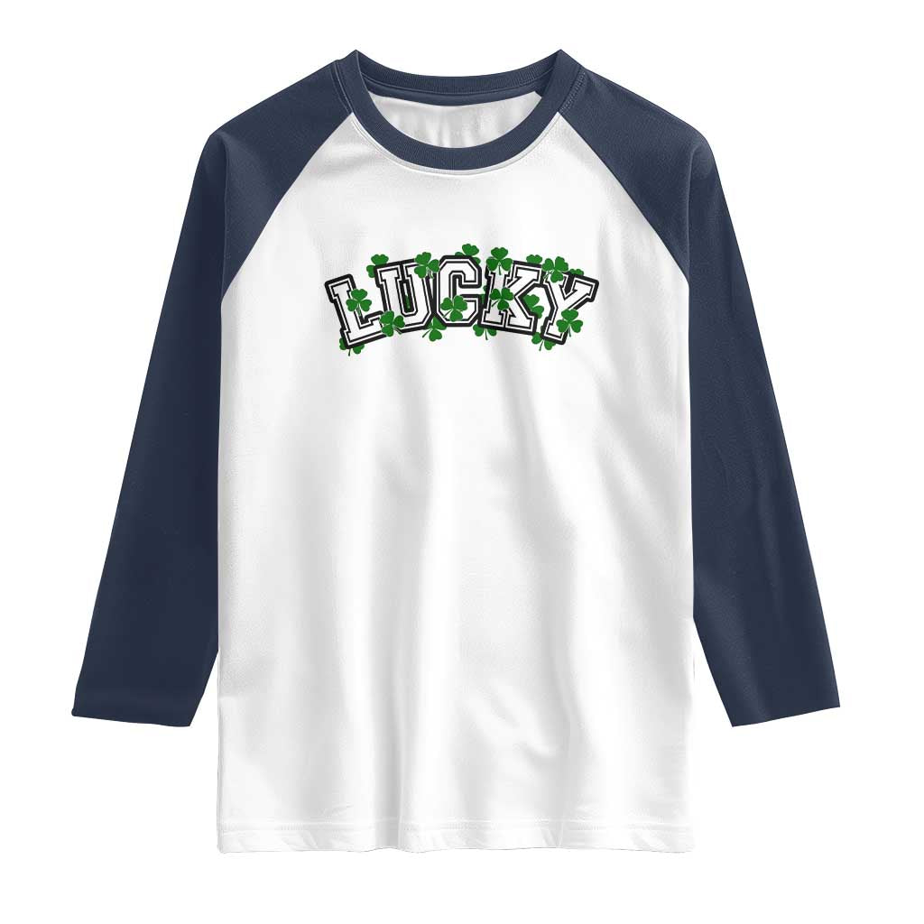 St Patricks Day Lucky Shamrock Raglan Shirt Vintage Minimalist TS02 White Navy Print Your Wear