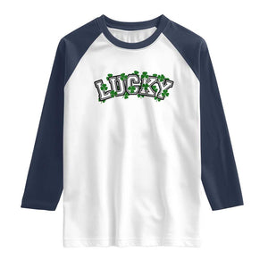 St Patricks Day Lucky Shamrock Raglan Shirt Vintage Minimalist TS02 White Navy Print Your Wear