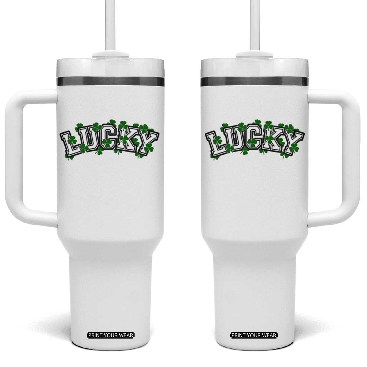 St Patricks Day Lucky Shamrock Tumbler With Handle Vintage Minimalist TS02 One Size: 40 oz White Print Your Wear