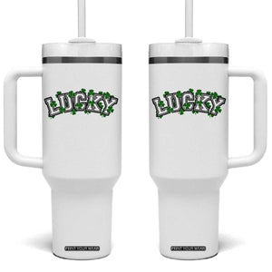 St Patricks Day Lucky Shamrock Tumbler With Handle Vintage Minimalist TS02 One Size: 40 oz White Print Your Wear
