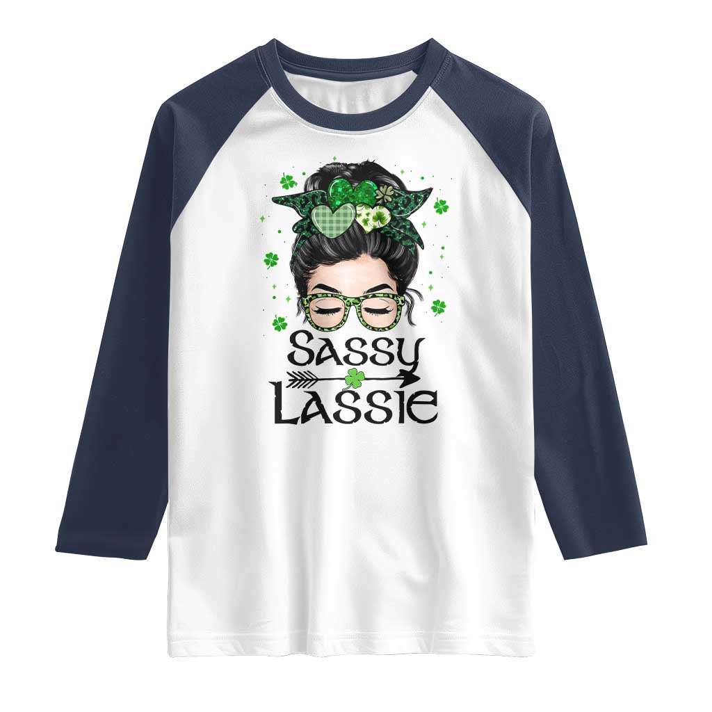 Lucky Sassy Lassie Messy Bun Raglan Shirt Funny St Patricks Day TS02 White Navy Print Your Wear