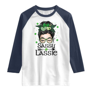 Lucky Sassy Lassie Messy Bun Raglan Shirt Funny St Patricks Day TS02 White Navy Print Your Wear