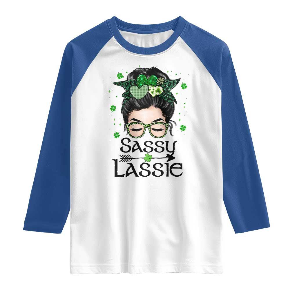 Lucky Sassy Lassie Messy Bun Raglan Shirt Funny St Patricks Day TS02 White Royal Print Your Wear