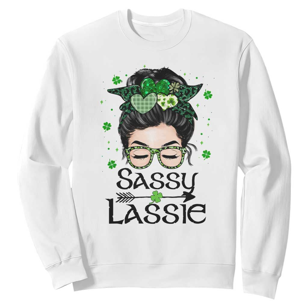 Lucky Sassy Lassie Messy Bun Sweatshirt Funny St Patricks Day TS02 White Print Your Wear