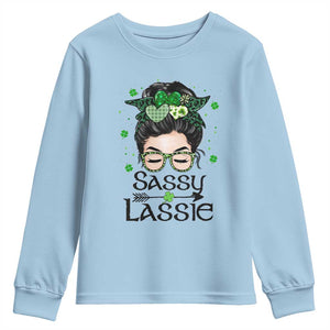 Lucky Sassy Lassie Messy Bun Youth Sweatshirt Funny St Patricks Day TS02 Light Blue Print Your Wear