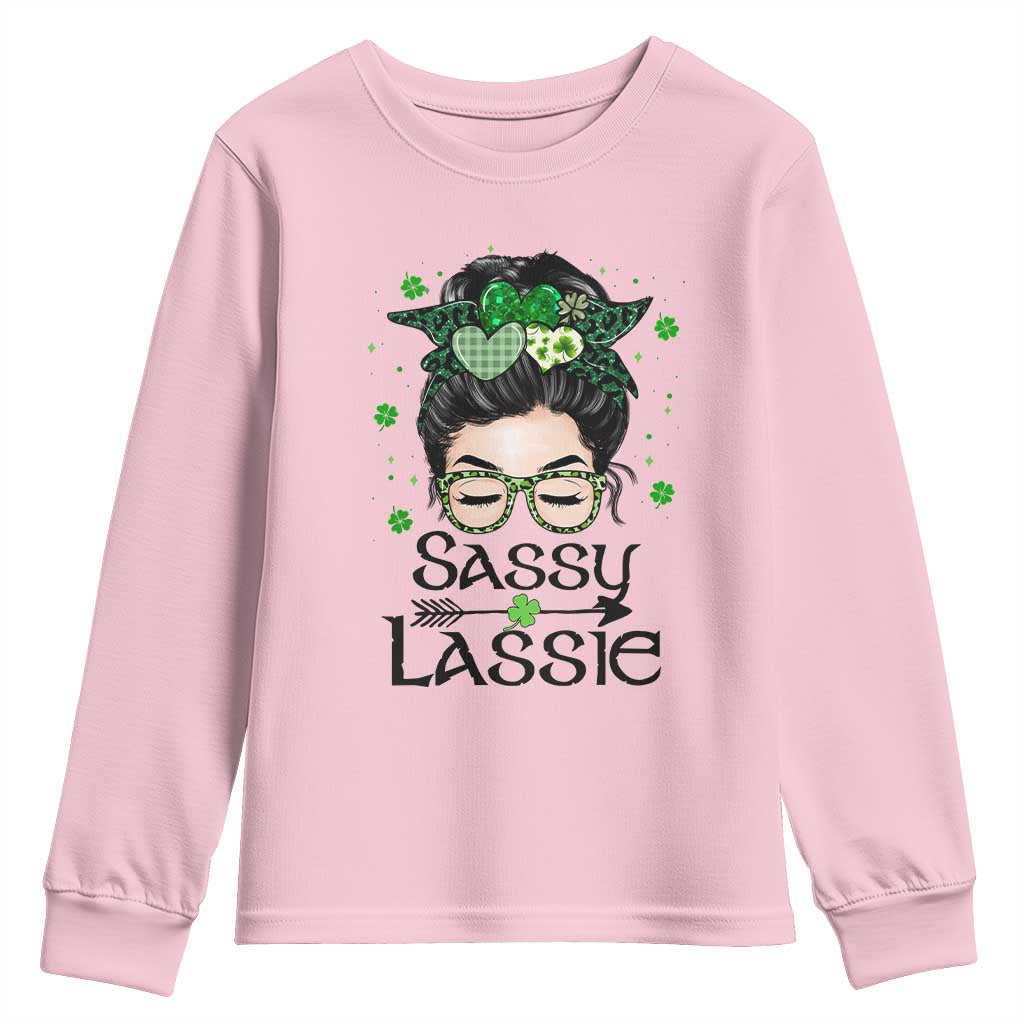 Lucky Sassy Lassie Messy Bun Youth Sweatshirt Funny St Patricks Day TS02 Light Pink Print Your Wear