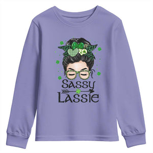 Lucky Sassy Lassie Messy Bun Youth Sweatshirt Funny St Patricks Day TS02 Violet Print Your Wear