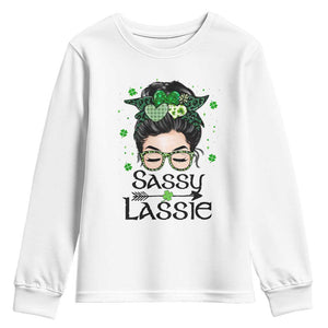 Lucky Sassy Lassie Messy Bun Youth Sweatshirt Funny St Patricks Day TS02 White Print Your Wear
