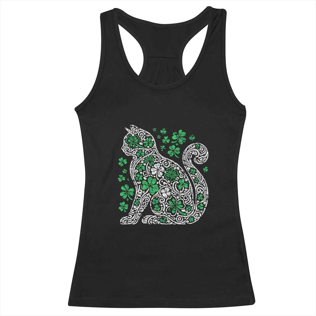 Irish Shamrock Cat Graphic Racerback Tank Top Saint Patrick Day for Cat Lovers TS02 Black Print Your Wear