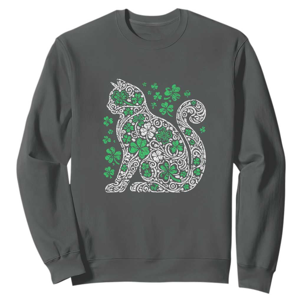 Irish Shamrock Cat Graphic Sweatshirt Saint Patrick Day for Cat Lovers TS02 Dark Heather Print Your Wear