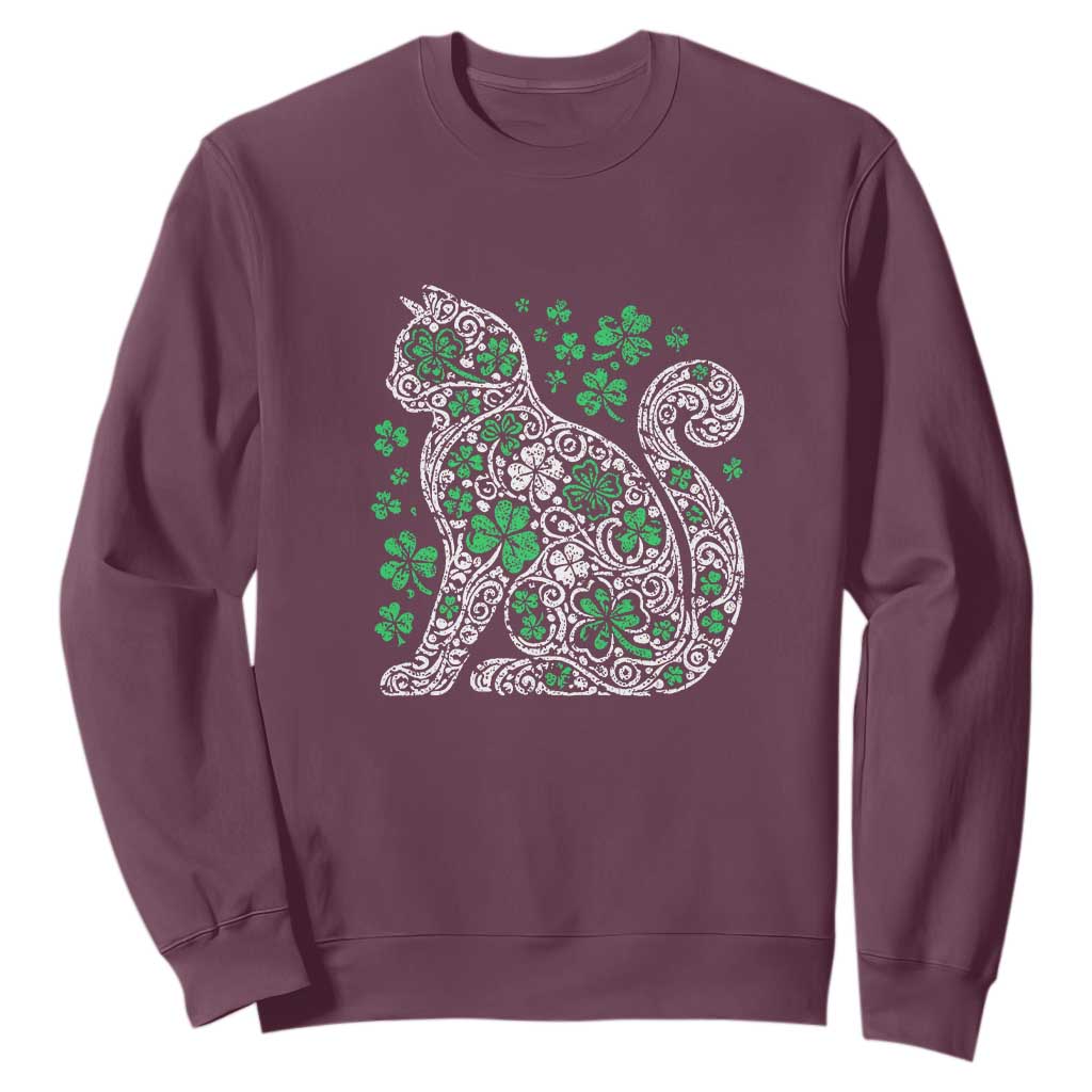 Irish Shamrock Cat Graphic Sweatshirt Saint Patrick Day for Cat Lovers TS02 Maroon Print Your Wear