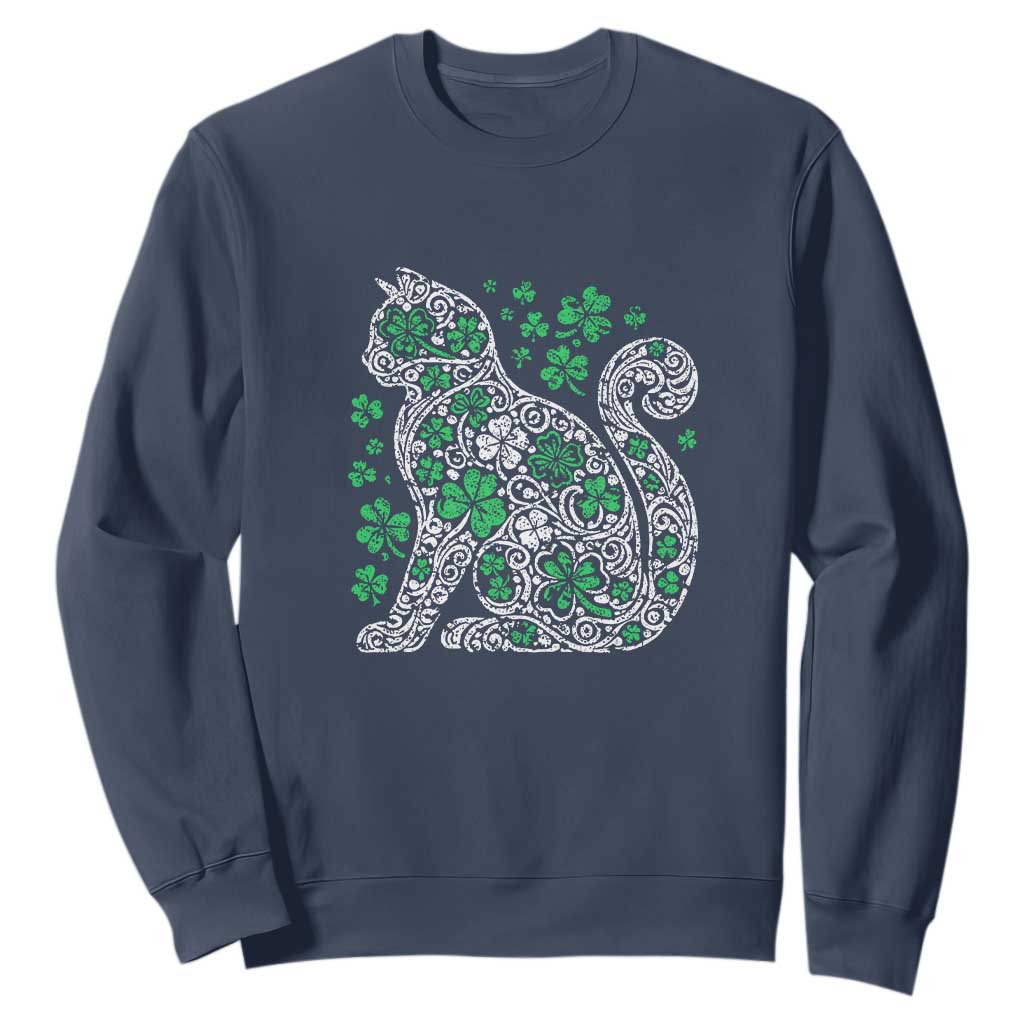 Irish Shamrock Cat Graphic Sweatshirt Saint Patrick Day for Cat Lovers TS02 Navy Print Your Wear