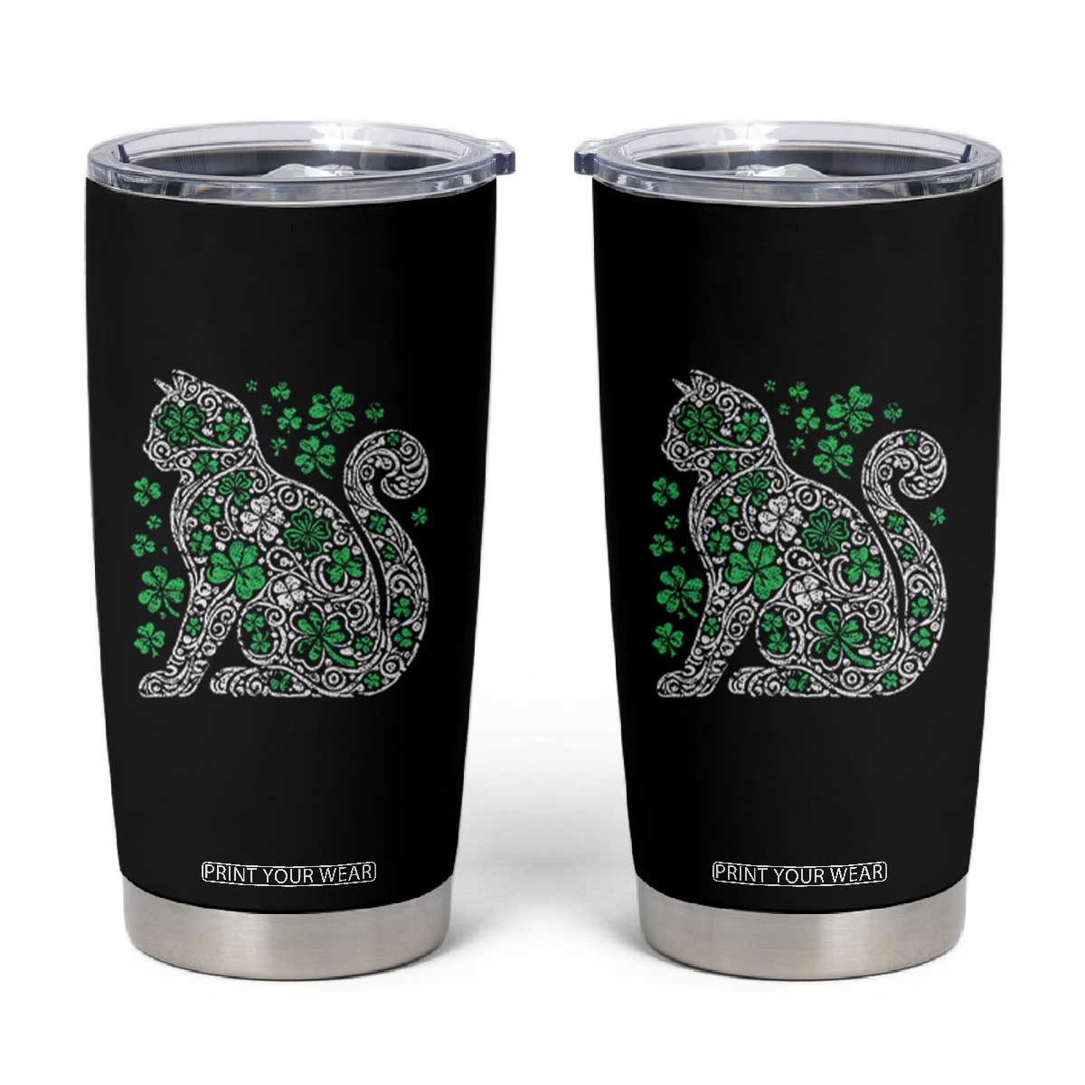 Irish Shamrock Cat Graphic Tumbler Cup Saint Patrick Day for Cat Lovers TS02 Black Print Your Wear